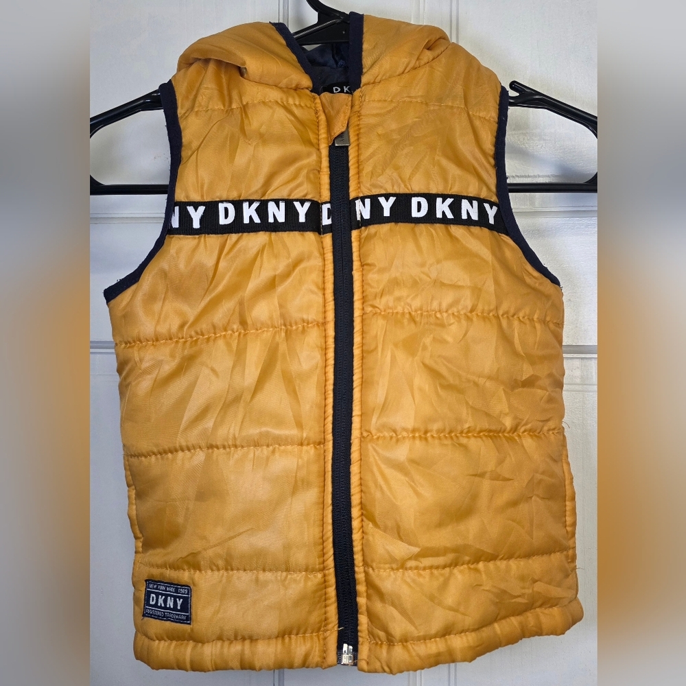 DKNY Yellow Full Zip Hooded Puffer Vest- Unisex Sz 24 months